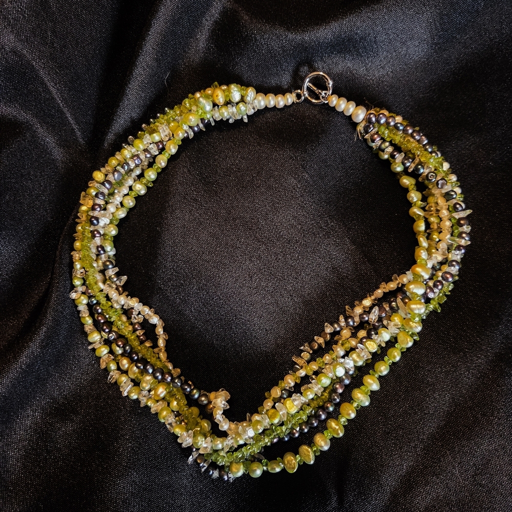 Vintage Multi-Strand Pearl & Raw Peridot Necklace, EUC